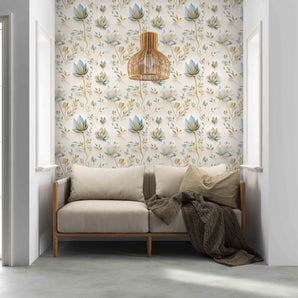 Blue Golden Floral Pattern Designer Wallpaper