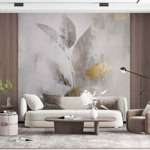 Abstract Leaves in Grey Designer Mural Wallpaper